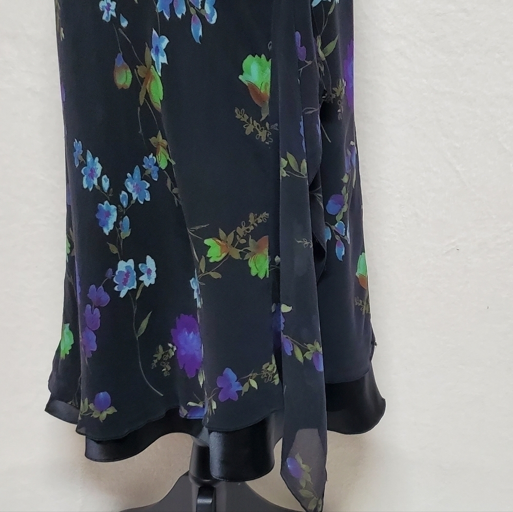 VINTAGE Liz Claiborne Purple Floral Silk Chiffon Black Satin Ruffle Midi Dress M - Picture 8 of 16